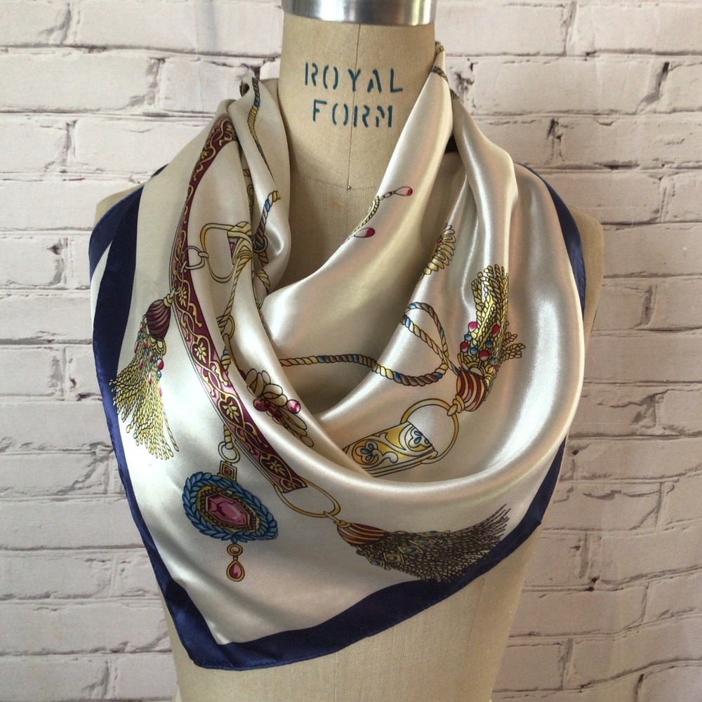 Beautiful Silk-Feel Polyester 36” Square Scarf — White Outlined in Navy